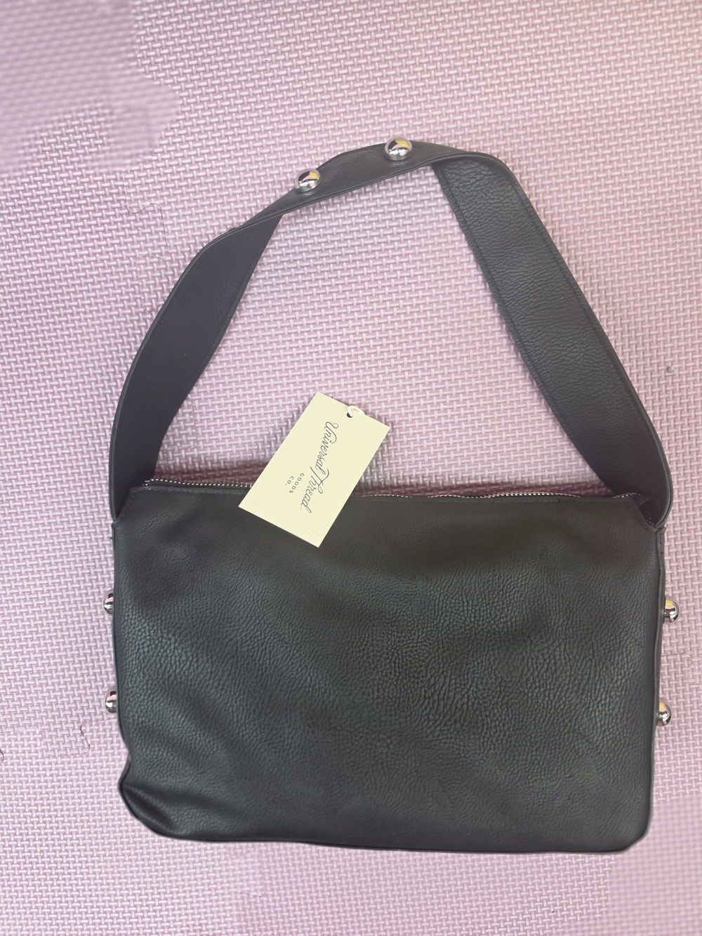 Black Leather Shoulder Bag with Stud Detail